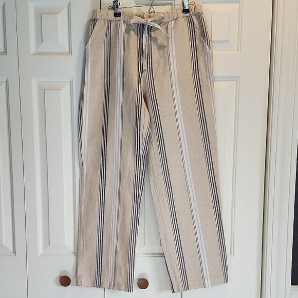 Liz Claiborne Pants - Liz Claiborne Khaki Striped Linen Blend Zippered Straight Leg Pant Size Small